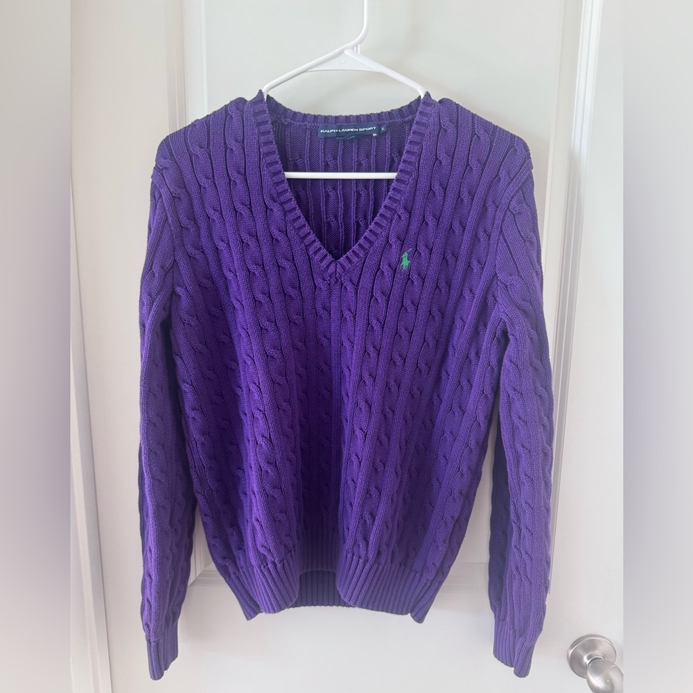 Ralph Lauren Women’s Purple V-Neck Cable Knit Sweater